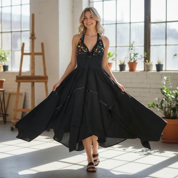 Source Unknown Dresses & Skirts - Black Halter Floral-Embroidered Flowy Midi Dress